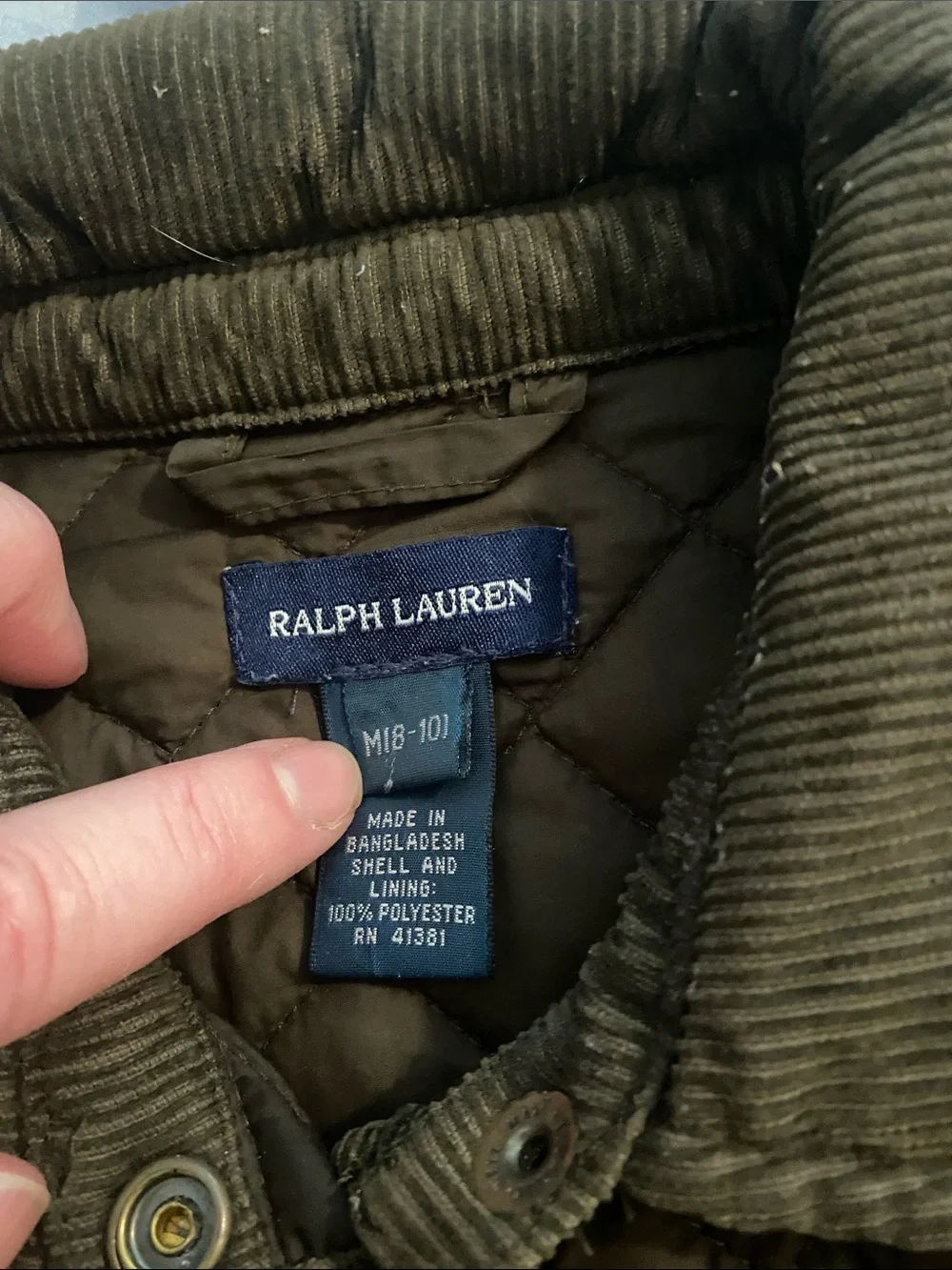 Ralph Lauren Quilted Olive Puffer Jacket with Corduroy Collar